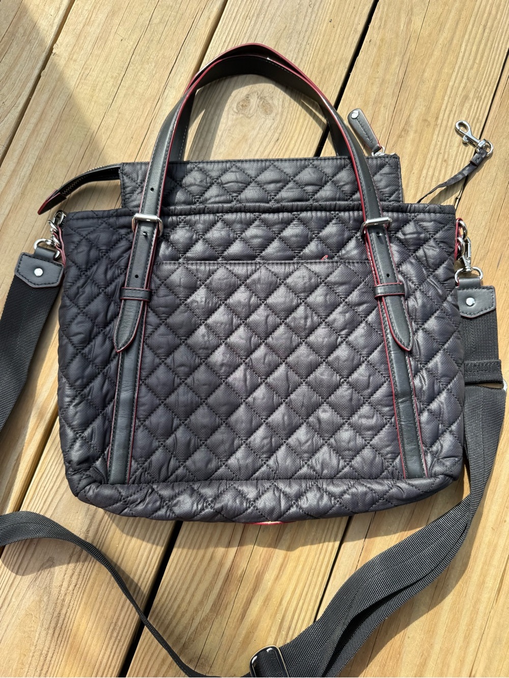 MZ Wallace Quilted Black Tote with Red Trim - Picture 3 of 9